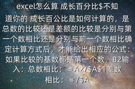 excel怎么算 成長百分比$不知道你的 成長百公比是如何計(jì)算的，是總數(shù)的比較還是差額的比較是分別與第一個(gè)數(shù)相比還是分別與前一個(gè)數(shù)相比確定計(jì)算方式后，才能給出相應(yīng)的公式：如果比較的基數(shù)都是第一個(gè)數(shù)，B2輸入：總數(shù)相比：＝A2/$A$1差數(shù)相比：＝/$A